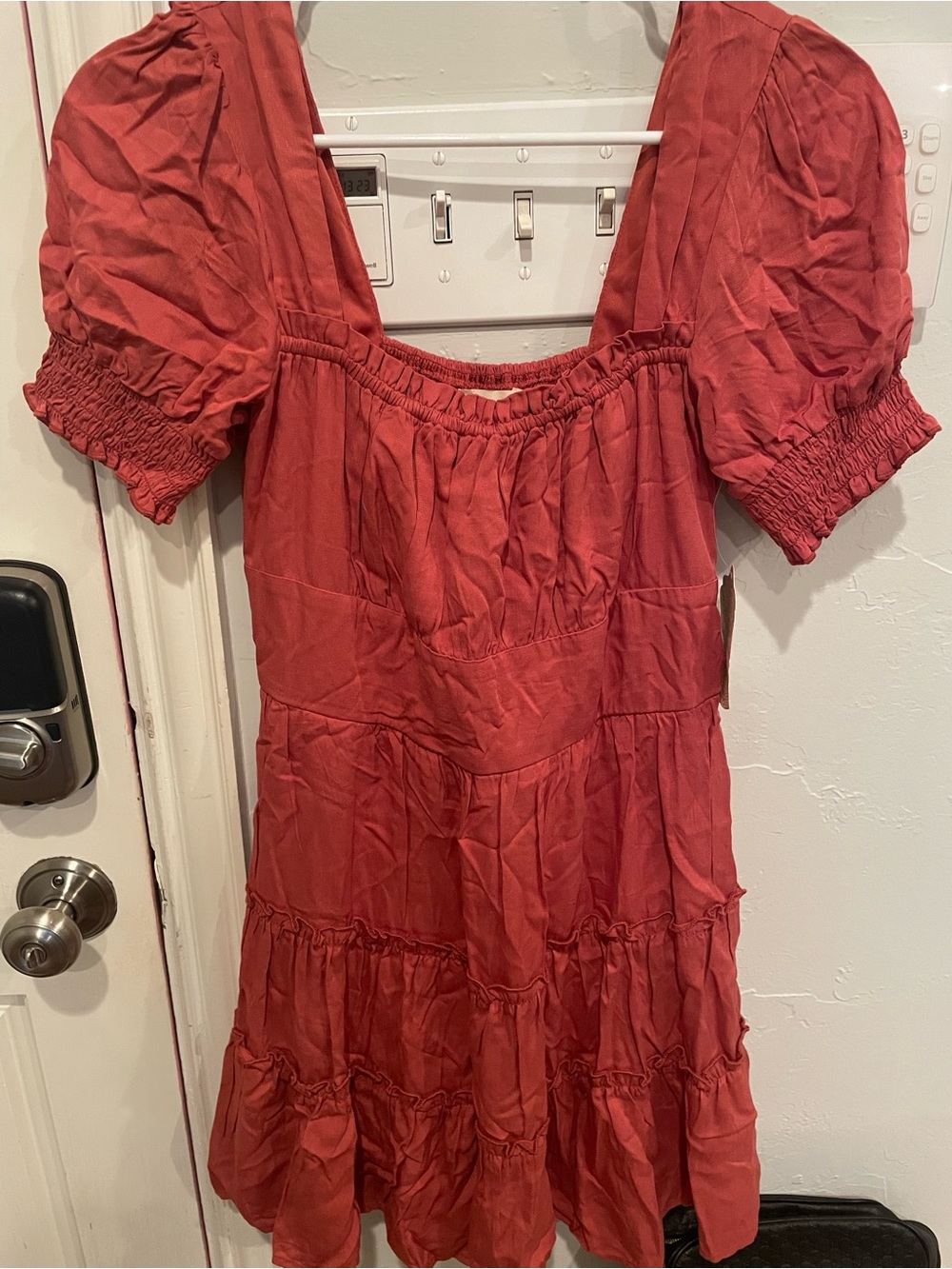 Altar'd State Terracotta Puff-Sleeve Tiered Mini Dress